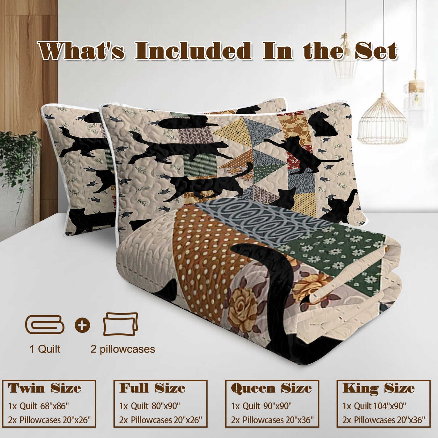 3pcs Of Black Cat Multi Posture Pattern Blanket Set All Season Bedding, 2 Pillowcases For Children, Teenagers, And Adults, Suitable For Bedrooms
