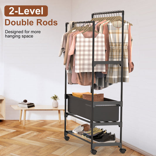 1Pc Double Rods Garment Rack With Storage Bag Portable Clothing Rack With Shelves Lockable Wheels Small Portable Closet Storage Bag Height Adjustable