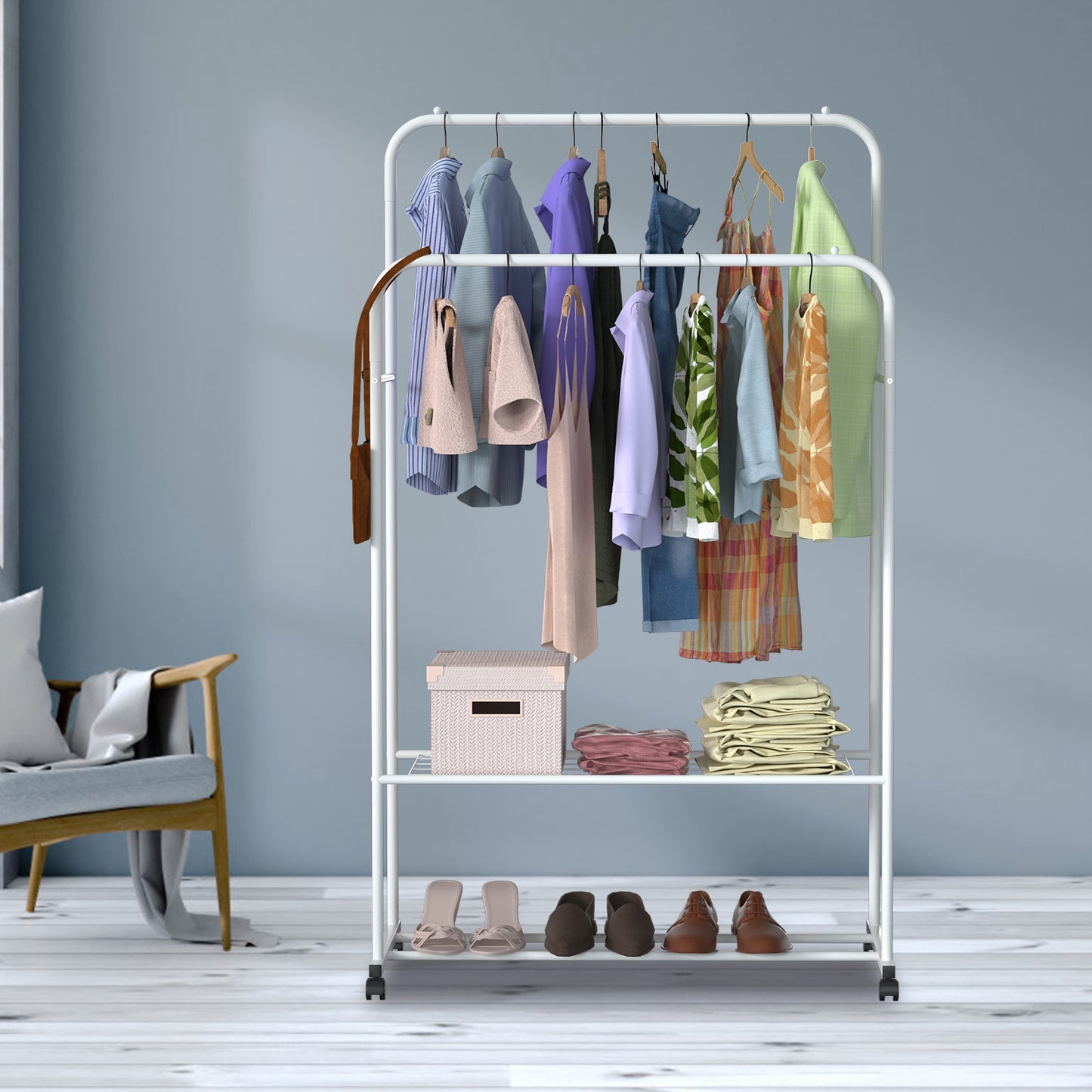1Pc Garment Hanging Rack Clothing Hanging Rail Pillow Shoe Display Organizer Stand Rolling Wheel Clothes Organizer
