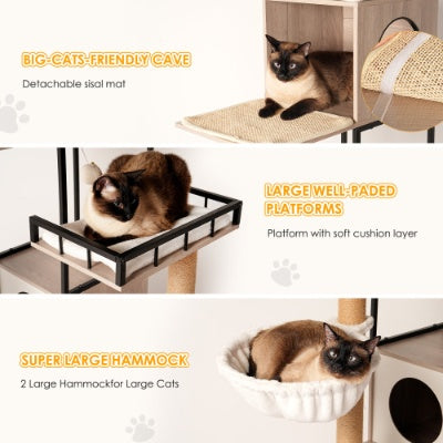 63 Multi-Functional Cat Tree With Litter Box - Includes Removable Washable Cushion, Scratching Posts  Toy Hanger, Modern Design, Rustic Gray