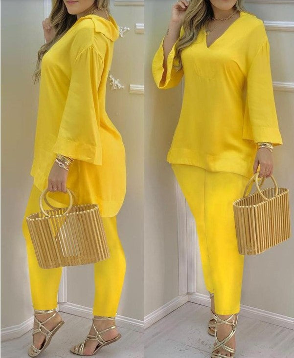 Bell Sleeve Top And Trousers Fashion Suit Women