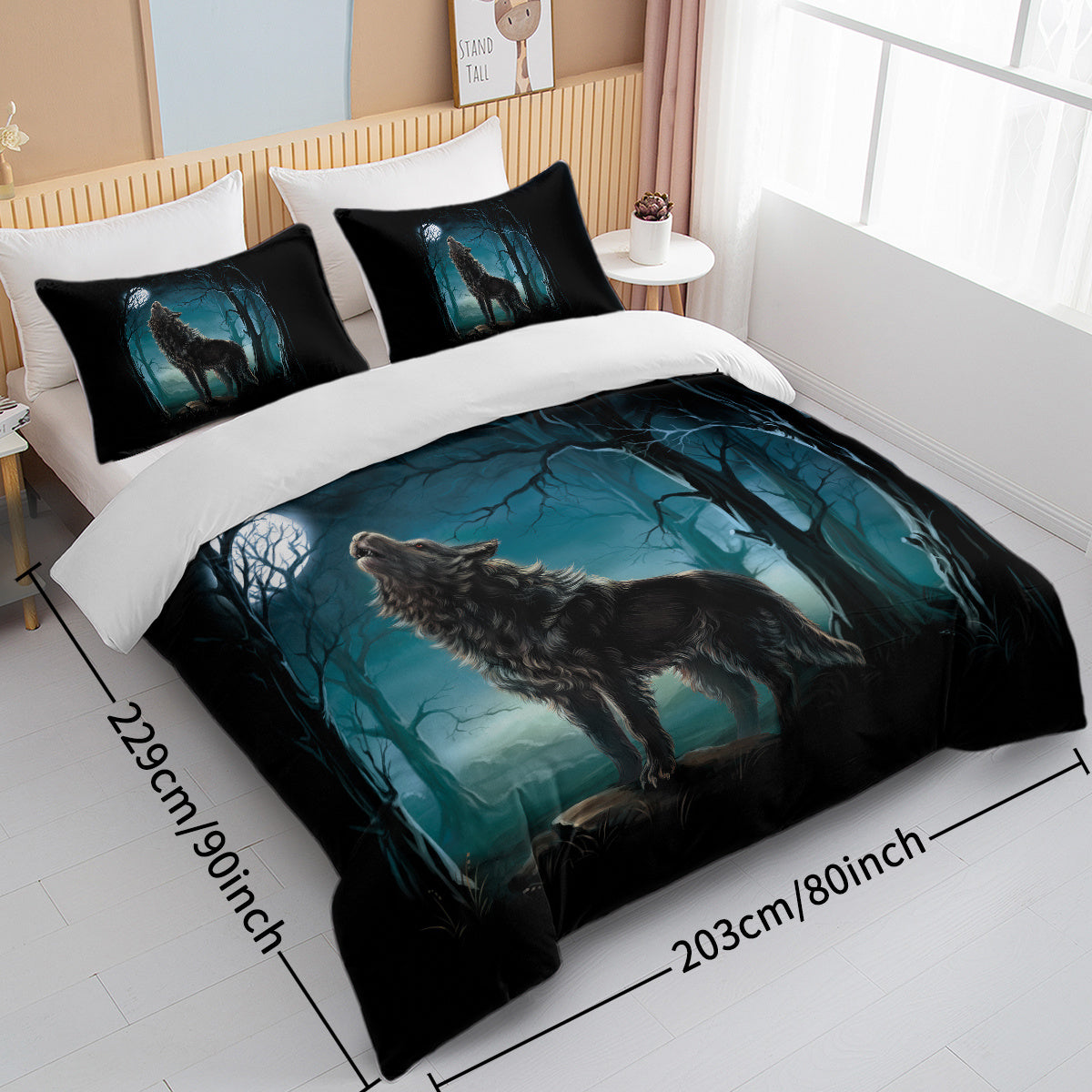 Moon Wolf Bedding Green Watercolor Forest Wolf Landscape Duvet Cover Sets 3 Pieces Wild Animal Bedding Set Twin Full Queen King Size
