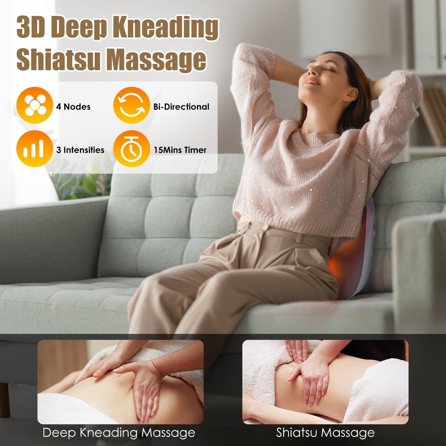 1Pc Shiatsu Back And Waist Massager With Heat Cordless Rechargeable Kneading Lower Back Massage Pillow Portable Lumbar Massager For Home Car Office