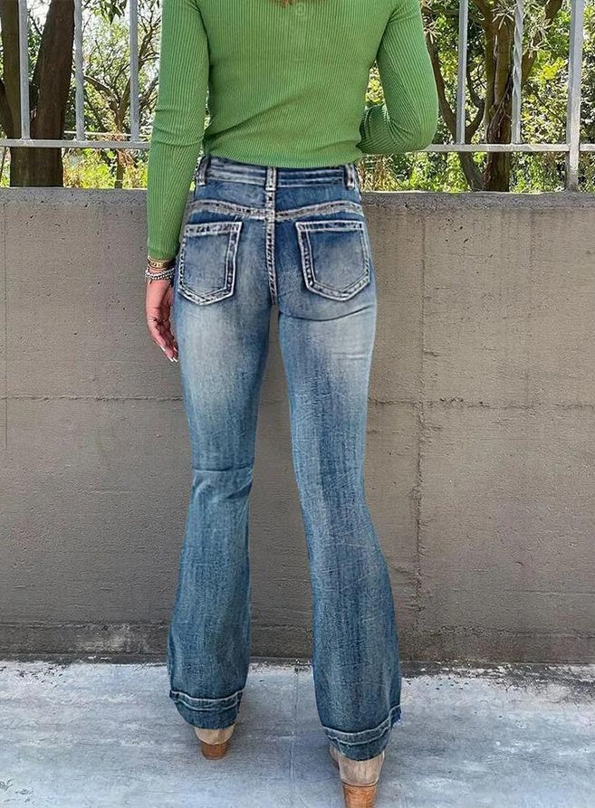 Women's Vintage High Waist Flare Jeans, Retro Paneled Bootcut Denim With Double Button Closure, Flattering Wide Leg Pants