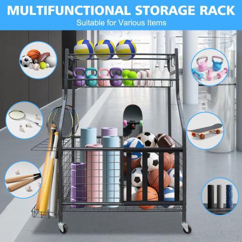 Garage Sports Equipment Storage Rack With Large Capacity, Wheeled, Rolling, Indoor And Outdoor Universal Ball Storage Rack