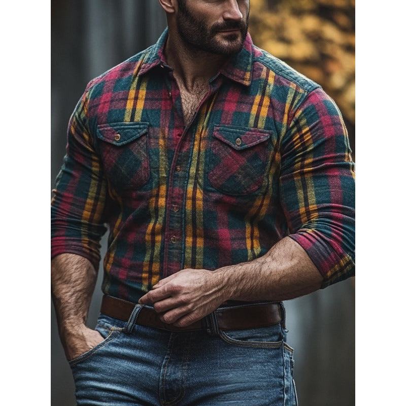 Plaid Printed Fleece-lined Men's Pocket Shirt