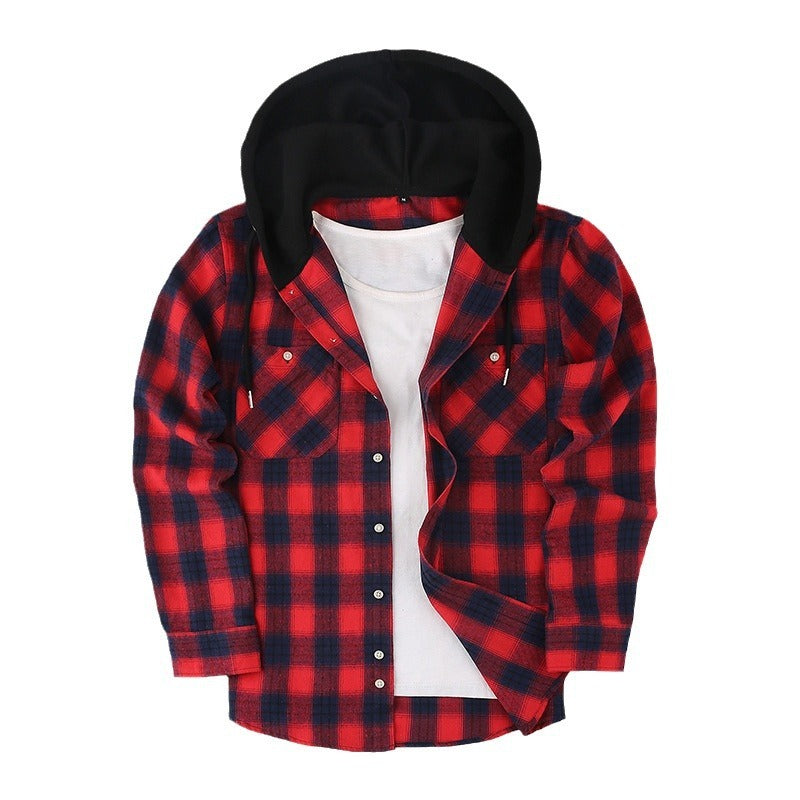 Loose Casual Flannel Long Sleeve Hooded Plaid Shirt