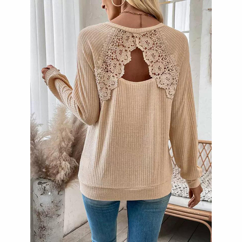 Women's Lace Open Back Top Long Sleeve V-Neck Dressy Casual Shirt For Fall