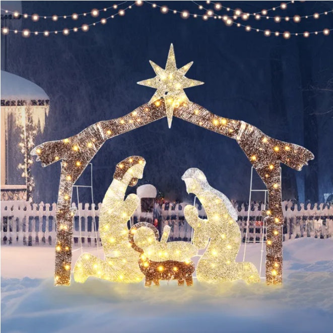 6ft Brown Roof 190LED Lights Nativity Scene Garden Jesus Decoration