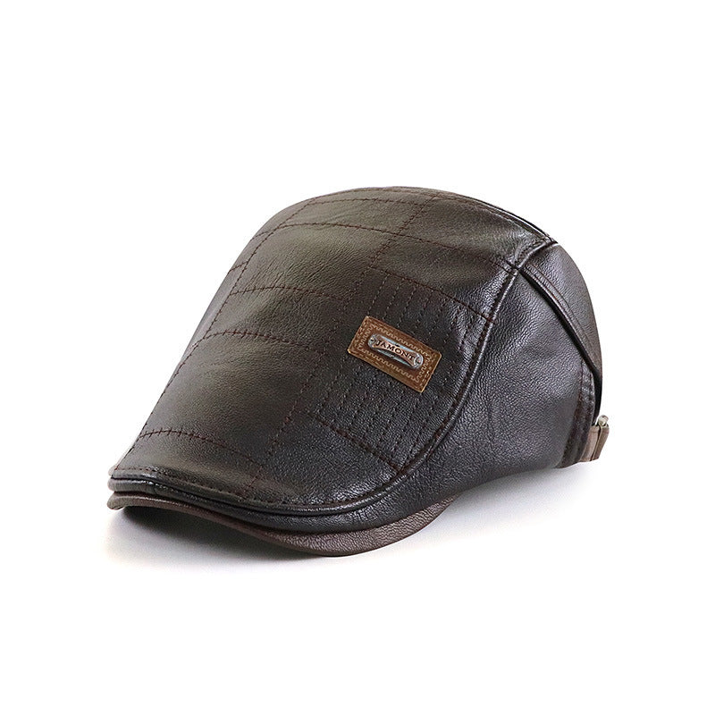 Fashionable All-match PU Leather Peaked Cap Fleece-lined Warm