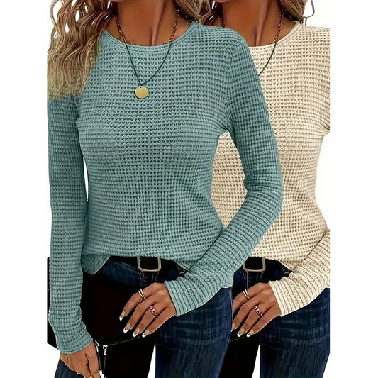 2 Pack Womens Waffle Knit Tops Long Sleeve Crewneck Shirts Business Casual Blouses Basic Shirts