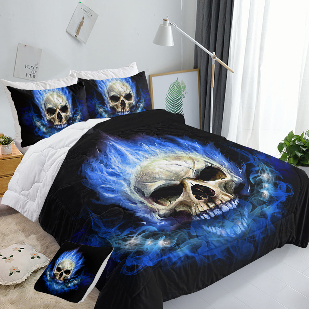 4 Piece Blue Fire Skull Comforter Set, 3D Skeleton Printed Bedding With 1 Comforter, 2 Shams, 1 Cushion Cover, Black Queen Size