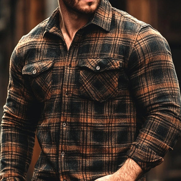 Plaid Printed Fleece-lined Men's Pocket Shirt