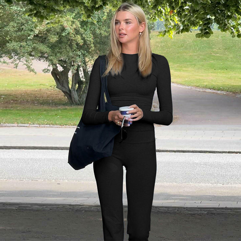 Fashion Casual Crew Neck Top Slim High Waist Bootcut Pants Solid Color Suit