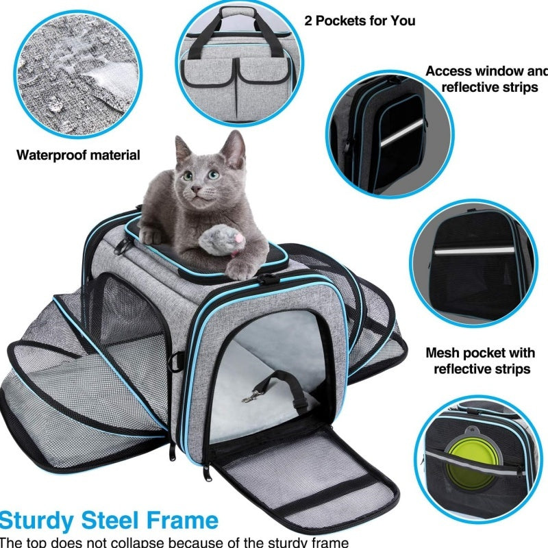 Approved Pet Carrier, Large Soft Sided Pet Travel TSA Carrier 4 Sides Expandable Cat Collapsible Carrier With Removable Fleece Pad And Pockets For Cats Dogs And Small Animals