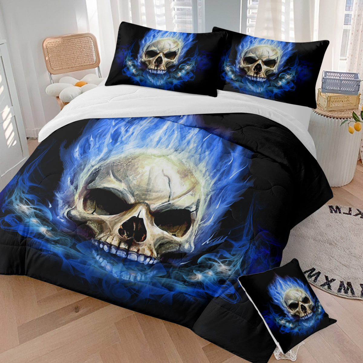 4 Piece Blue Fire Skull Comforter Set, 3D Skeleton Printed Bedding With 1 Comforter, 2 Shams, 1 Cushion Cover, Black Queen Size