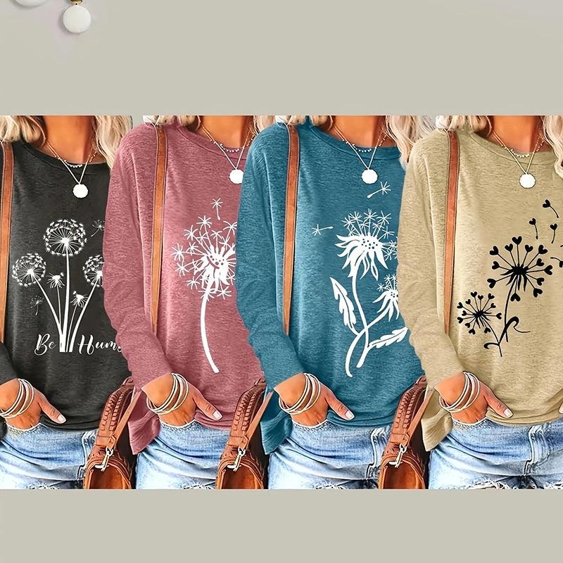 4 Packs Women's Long Sleeve Shirts Dandelion Graphic Print Tees Casual Round Neck T Shirts
