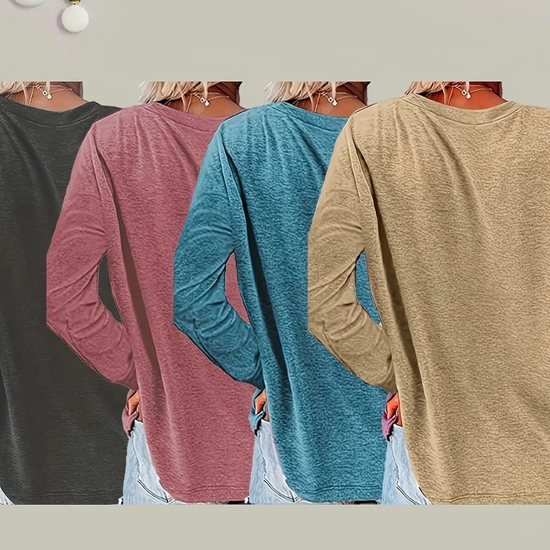 4 Packs Women's Long Sleeve Shirts Dandelion Graphic Print Tees Casual Round Neck T Shirts