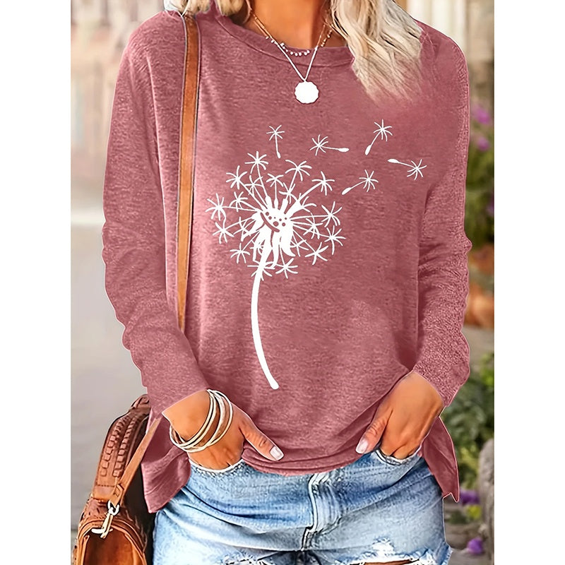4 Packs Women's Long Sleeve Shirts Dandelion Graphic Print Tees Casual Round Neck T Shirts