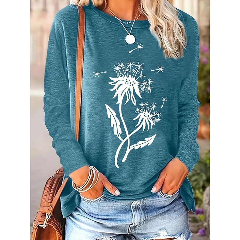 4 Packs Women's Long Sleeve Shirts Dandelion Graphic Print Tees Casual Round Neck T Shirts