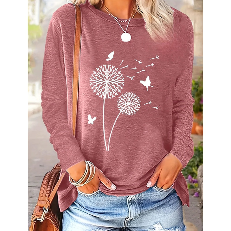 4 Packs Women's Long Sleeve Shirts Dandelion Graphic Print Tees Casual Round Neck T Shirts