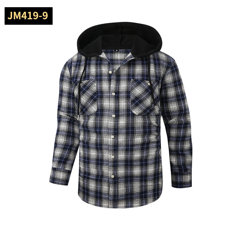 Loose Casual Flannel Long Sleeve Hooded Plaid Shirt