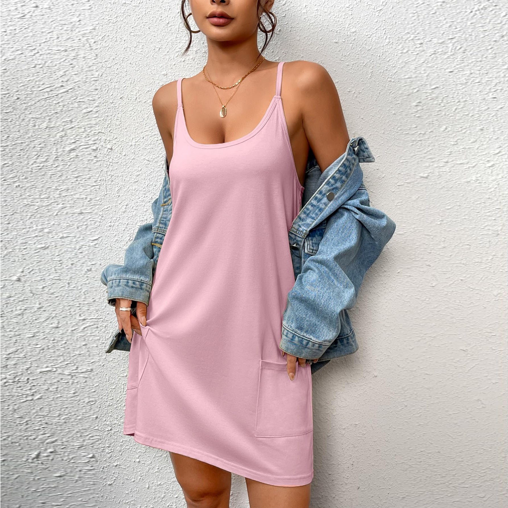 Double Mill Silk Pocket Home Strap Pajamas For Women