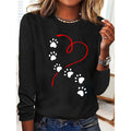 Women's Heart & Dog Paw Print T-shirt, Cute Crew Neck Long Sleeve Top For Spring & Fall