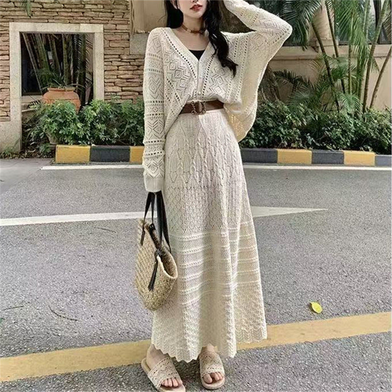 Hollowed-out Elegant Socialite Skirt Lace-up Two-piece Set