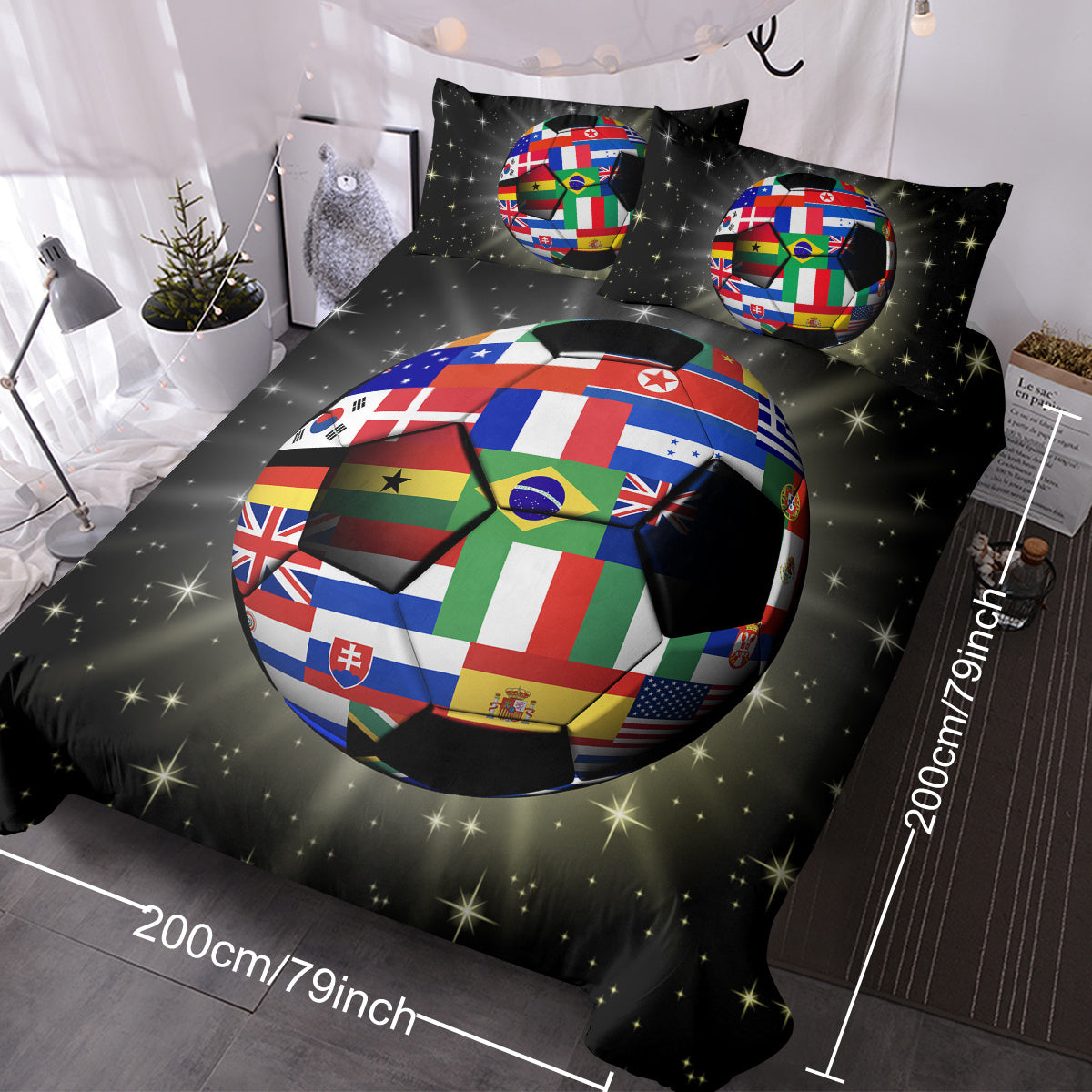 3D Soccer Ball Bedding Set Football World Flags Print Duvet Cover Sets For Teen Boys Sports Bedding Sets Universe Stars Black Bed Quilt Cover