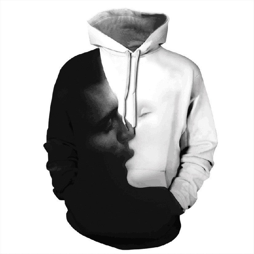3D Black And White Contrast Color Digital Printing Couple Hooded Sweater