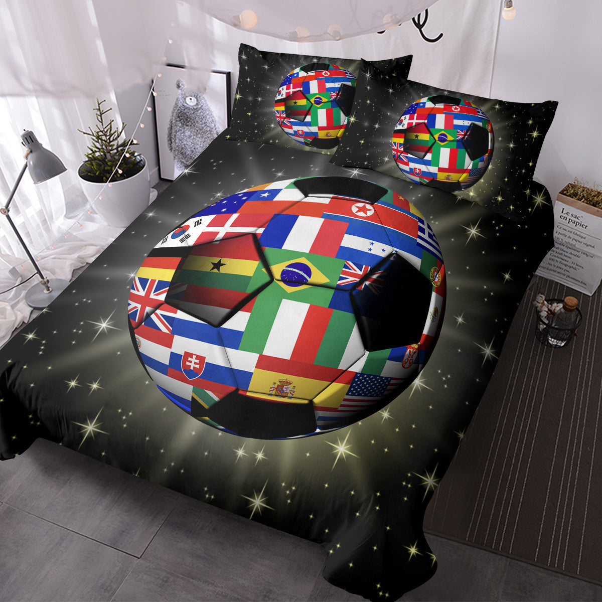 3D Soccer Ball Bedding Set Football World Flags Print Duvet Cover Sets For Teen Boys Sports Bedding Sets Universe Stars Black Bed Quilt Cover