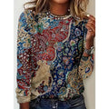 Women's Floral Print Long Sleeve Shirt Casual Round Tunic Blouse Top