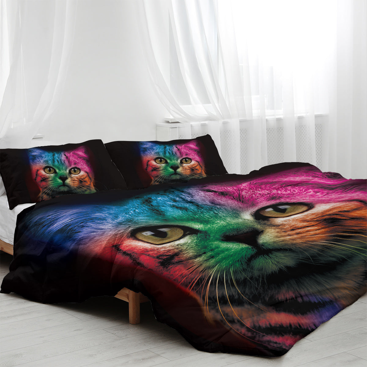 Cat Bedding For Kids Girls Boys Cute Colorful Cat Pattern Quilt Cover Bedspread 3 Piece Bold Color Black Animal Duvet Cover Set For Single Bed