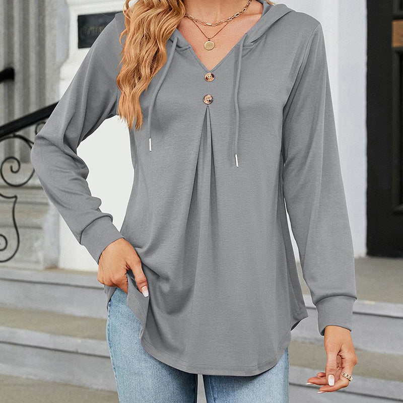 Women's Long Sleeve Hooded Tunic Tops Button Swing Pullover Hoodie Sweatshirts