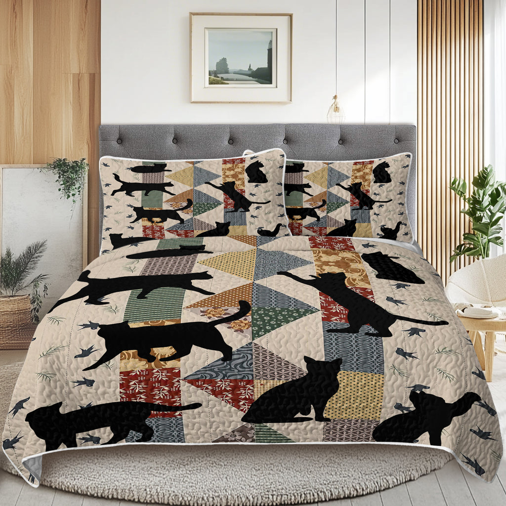 3pcs Of Black Cat Multi Posture Pattern Blanket Set All Season Bedding, 2 Pillowcases For Children, Teenagers, And Adults, Suitable For Bedrooms