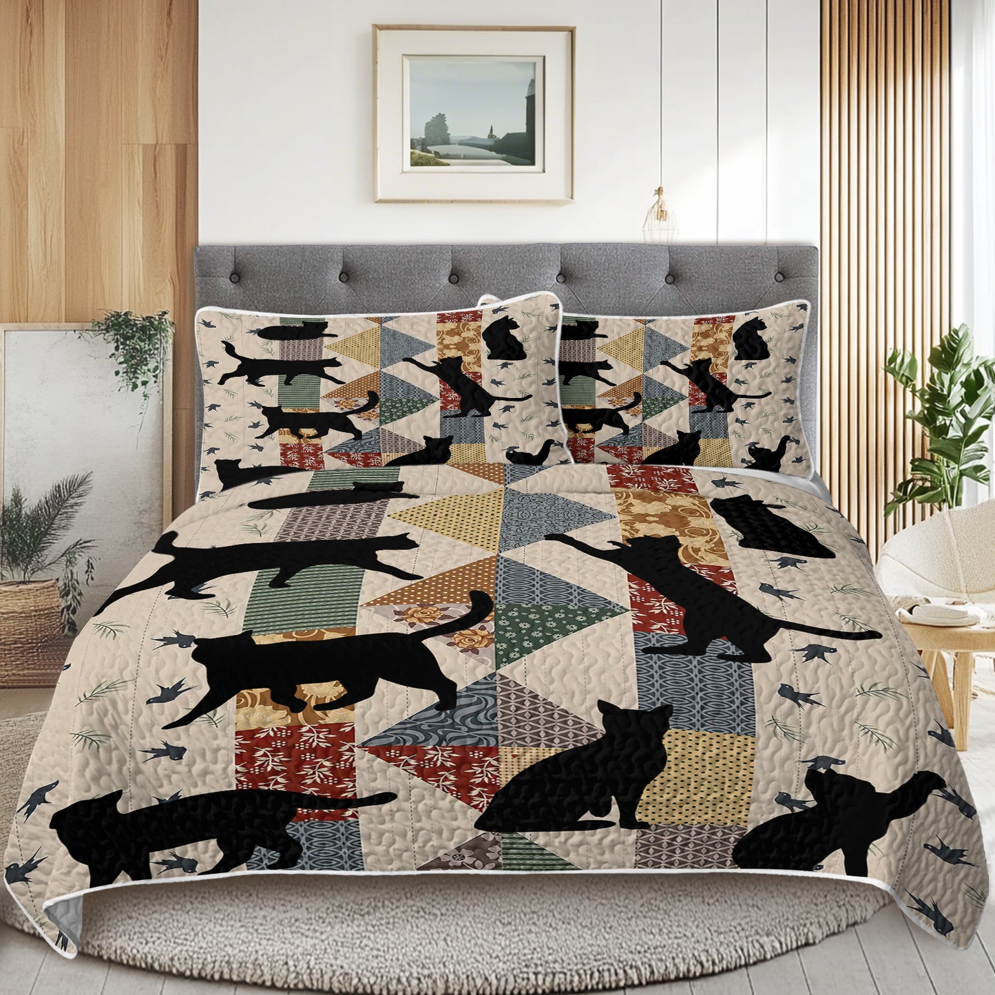3pcs Of Black Cat Multi Posture Pattern Blanket Set All Season Bedding, 2 Pillowcases For Children, Teenagers, And Adults, Suitable For Bedrooms