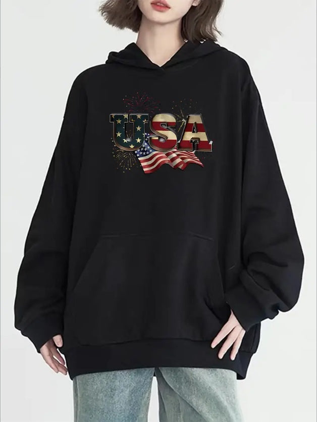 Women's Patriotic USA Flag Graphic Hoodie With Kangaroo Pocket - Casual Long Sleeve Pullover, Machine Washable