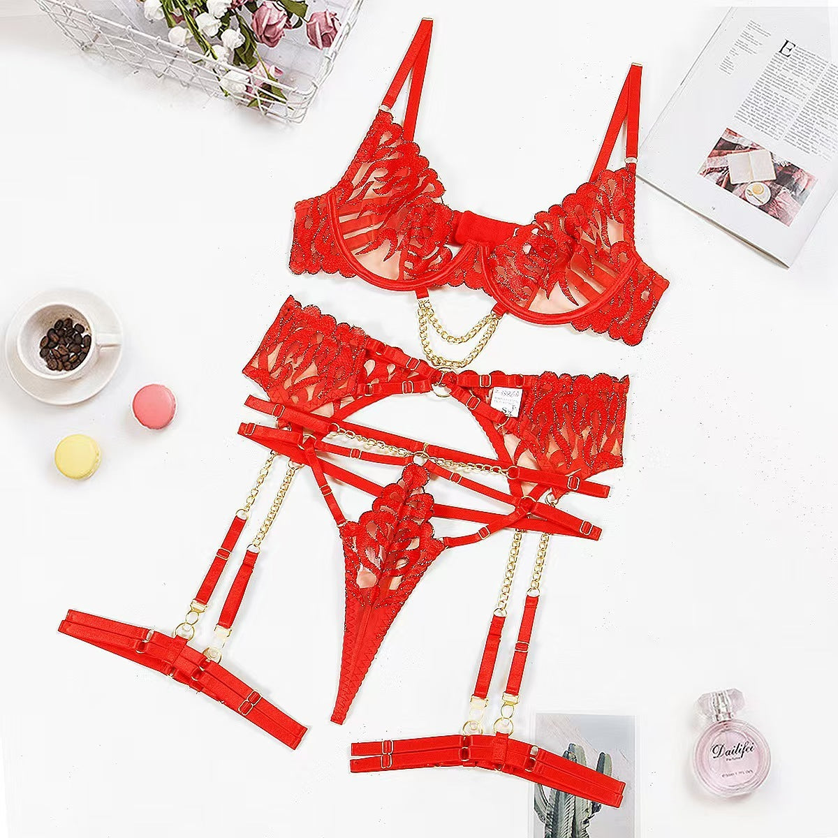 Flame Embroidered Chain Bra Hollow Ribbon Underwear Four-piece Set