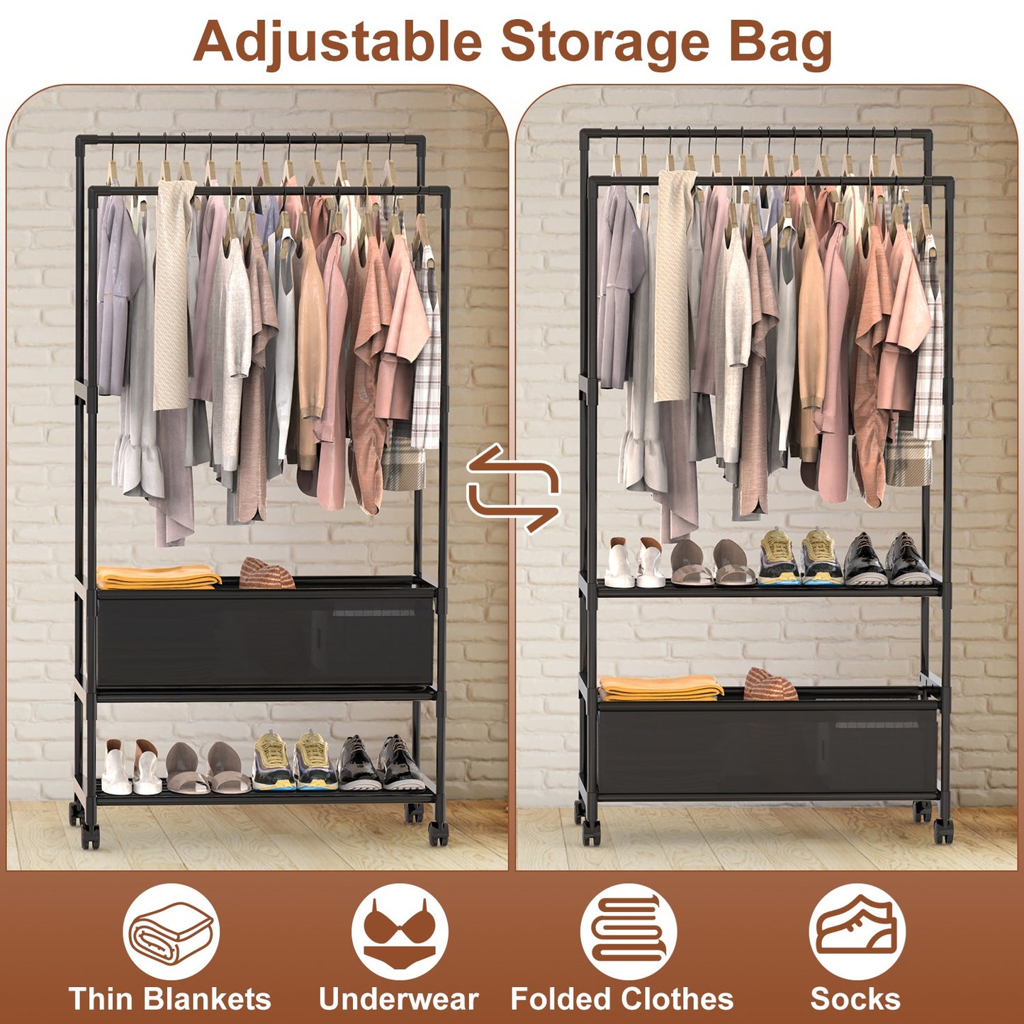 1Pc Double Rods Garment Rack With Storage Bag Portable Clothing Rack With Shelves Lockable Wheels Small Portable Closet Storage Bag Height Adjustable