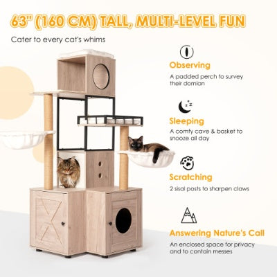 63 Multi-Functional Cat Tree With Litter Box - Includes Removable Washable Cushion, Scratching Posts  Toy Hanger, Modern Design, Rustic Gray