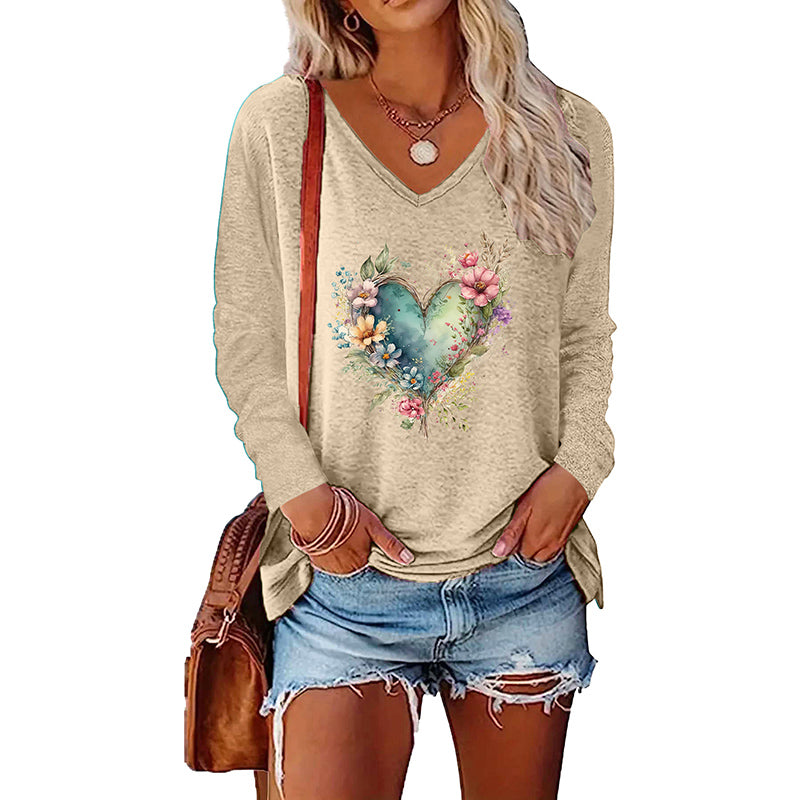3PCS Women's Floral Heart Graphic T Shirts V Neck Long Sleeve Casual Fall Tops