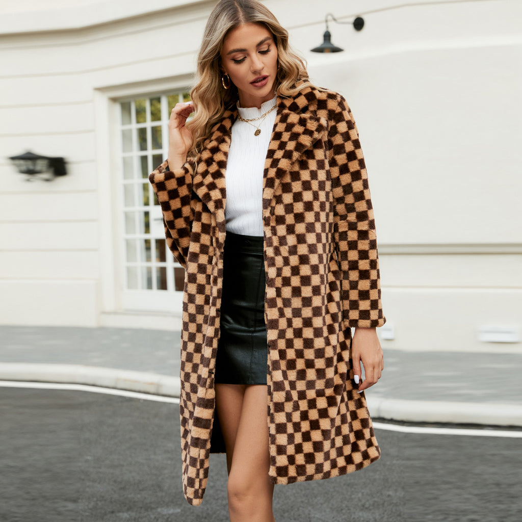 Women's Mid-length Plaid Loose Plush Coat