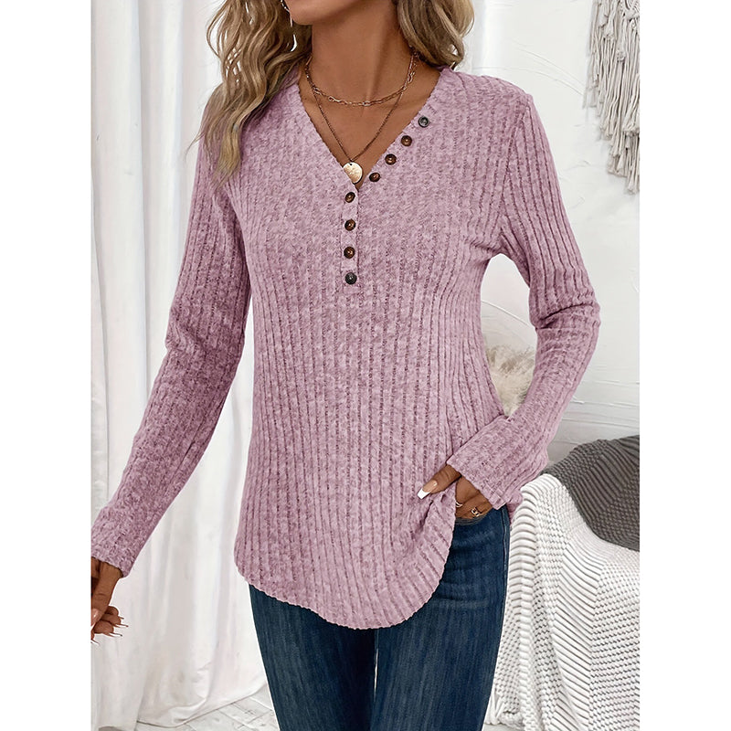 Womens Long Sleeves Ribbed Knit Tunic Shirts V Neck Button Down Slim Fit Blouses Tops