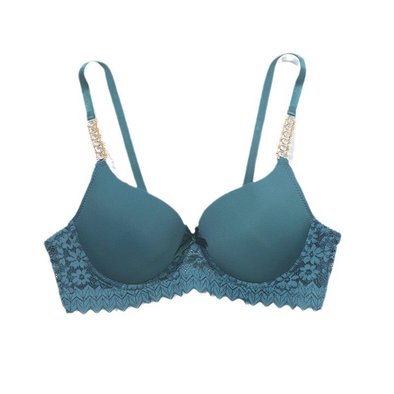 Women's French-style Lace Push Up Chain Flash Diamond Shoulder Strap Bra