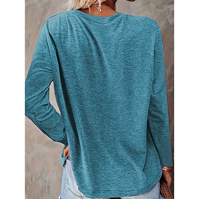 Women's Heart & Dog Paw Print T-shirt, Cute Crew Neck Long Sleeve Top For Spring & Fall