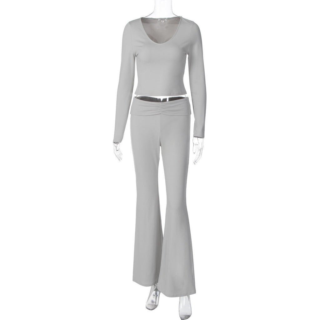 Fashion Midriff-baring Long Sleeve Top Waist-tight Solid Color Wide-leg Pants Suit