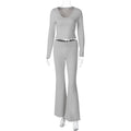 Fashion Midriff-baring Long Sleeve Top Waist-tight Solid Color Wide-leg Pants Suit