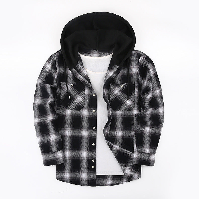 Loose Casual Flannel Long Sleeve Hooded Plaid Shirt