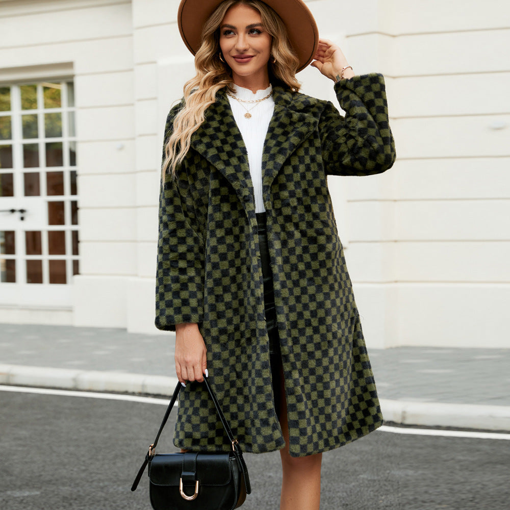 Women's Mid-length Plaid Loose Plush Coat